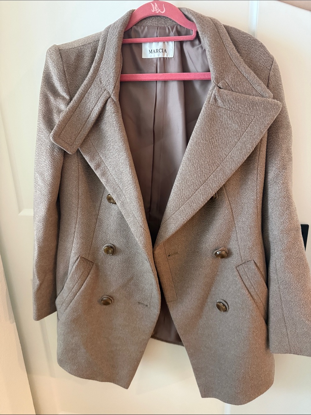 Double-Breasted Wool Blend Peacoat in Taupe